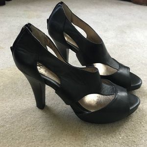 Sofft black leather open toe heels
